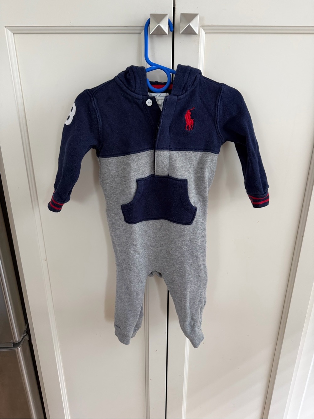 Ralph Lauren 9m Navy & Gray Hooded One-Piece romper for Kids